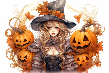 Halloween girl water color painting, gothic style