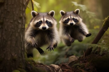 A raccoon is lured from a tree. wild animals. generative ai.