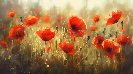 poppies in the meadow. Digital painting of flowers. generative ai - obrazy, fototapety, plakaty
