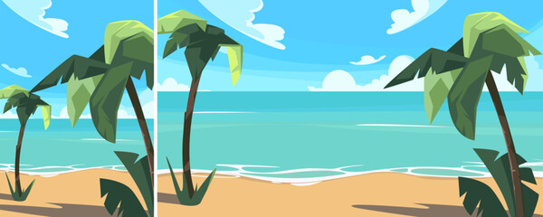 Coastline with palm trees. Summer landscape in different formats.