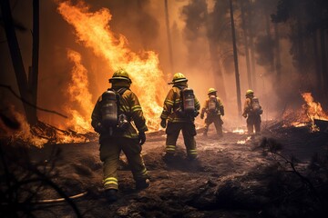 firefighters in a forest fire. cataclysm. generative ai.