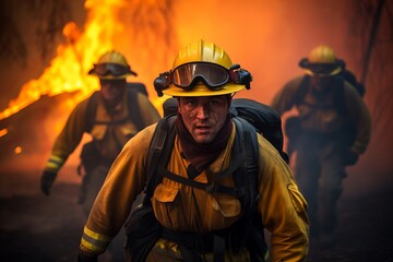 Naklejka premium firefighters in a forest fire. cataclysm. generative ai.