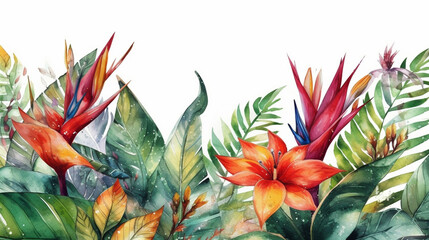 Watercolor tropical background with strelitzia flowers banner painted illustration generative ai