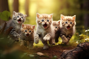 cute kittens running in the garden. cute animals pets. generative ai.