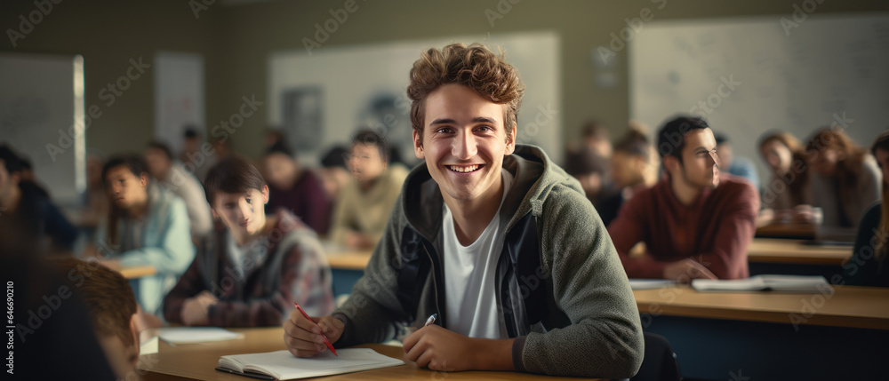 Poster portrait a man in a university high school with blurred group of students studying in the classroom.