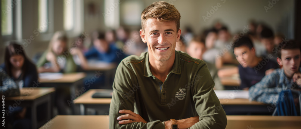 Poster portrait a man in a university high school with blurred group of students studying in the classroom.