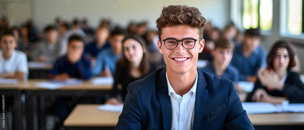 Poster portrait a man in a university high school with blurred group of students studying in the classroom.