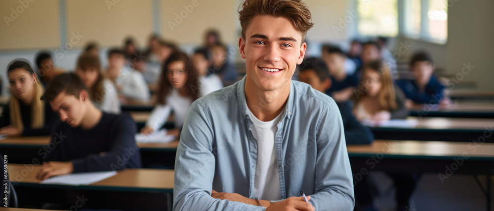 Poster portrait a man in a university high school with blurred group of students studying in the classroom.