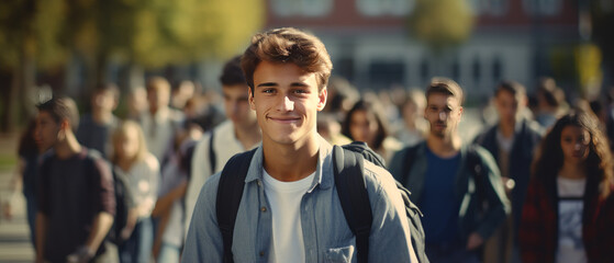 Fototapeta premium portrait a man in a university high school with blurred group of students studying in the classroom.generative ai