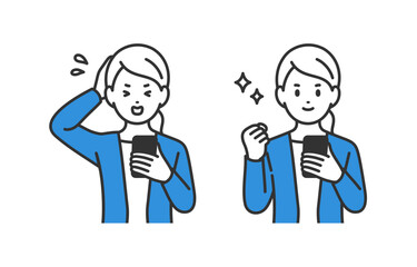 スマホを見て焦る･ガッツポーズをするビジネスパーソン女性のセット【人物ベクターイラスト素材】