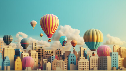 Colorful hot air balloons flying over modern city. 3D rendering generative ai