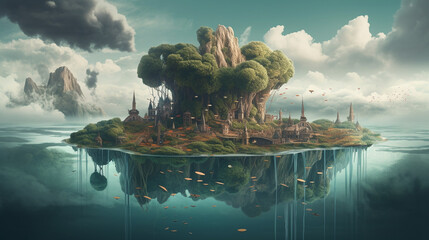 Fantasy island with ancient pagoda. 3d render illustration. generative ai