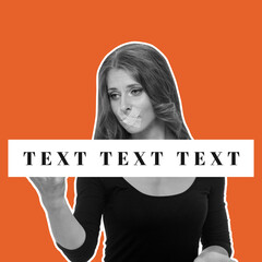 Young emotional girl with closed mouth restrained and censored on orange background with copy space for text