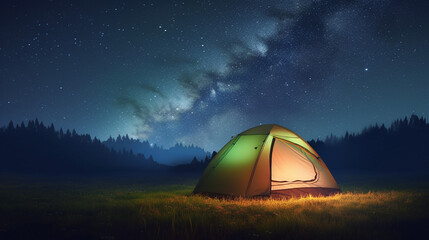 Camping tent in the forest at night with starry sky and milky way generative ai