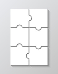 Jigsaw pieces grid. Laser cut template. Puzzle mosaic layout with 6 details. Layout of thinking mosaic game. White modern background. Infographic diagram. Vector illustration.