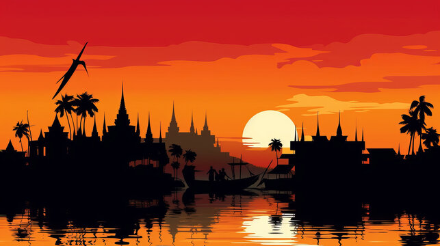 Scene silhouette of famous place in Thailand vector ,generative ai