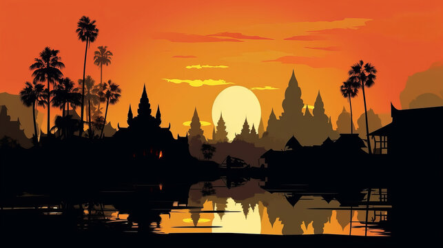 Scene silhouette of famous place in Thailand vector, generative ai