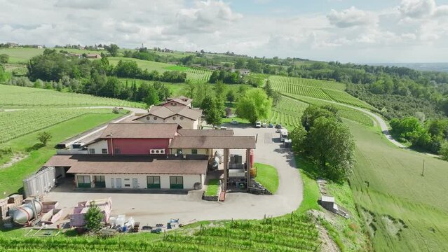 Beautiful Italien vineyards. Flying over fields with drone. Barolo Piedmont