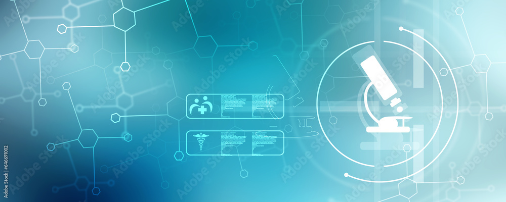 Poster 2d rendering virus testing microscope with medicine bottle