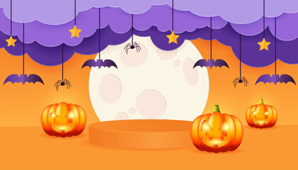 Happy Halloween . Background with clouds,bats , pumpkins and spiders in paper cut style. Orange 3d podium for halloween. Big moon.Vector illustration.