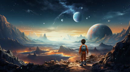 vector art of Children's illustration space, space landscape. wide angle lens realistic lighting ,generative ai - obrazy, fototapety, plakaty