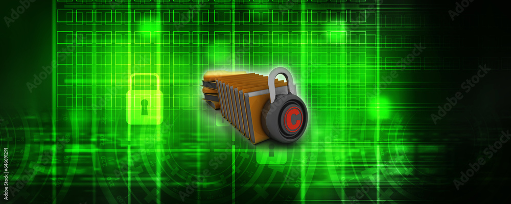Poster 3d rendering yellow folder and copyright lock. data security concept