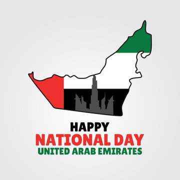 Happy national United Arab Emirates, UAE map illustration with flag and building silhouettes. December 2