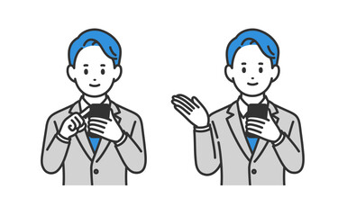 スマホを見る･案内のポーズをするビジネスパーソン男性のセット【人物ベクターイラスト素材】