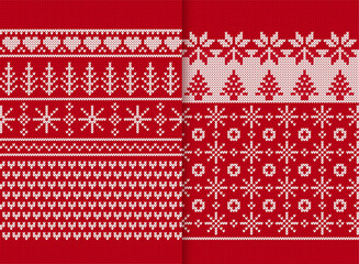 Christmas winter seamless pattern. Knitted print with trees, snowflakes, hearts. Red sweater background. Xmas knit texture. Holiday fair traditional ornament. Festive wool pullover vector illustration