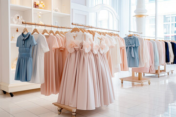 A chic boutique with a fashionable collection of clothes and dresses for children, offering customers a wide choice.