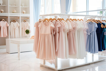 A modern children's boutique with a fashionable collection of clothing and accessories, offering a varied and colorful selection.