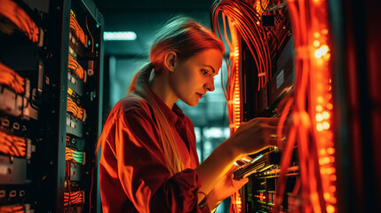 Obraz premium a female network engineer connecting cables in server cabinet while working.