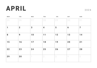 Monthly page Calendar Planner Templates of April 2024. Vector layout of simple calendar with week start Monday for print. Page for size A4 or 21x29.7 cm