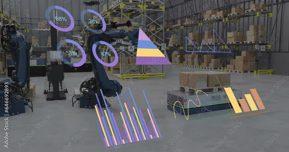 Poster animation of statistics and financial data processing over warehouse