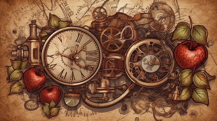 steampunk fruits, retro-futuristic produce, brass and gears fruit, Victorian-inspired fruits, industrial design produce, clockwork fruit, mechanical assortment, vintage gadget generative ai