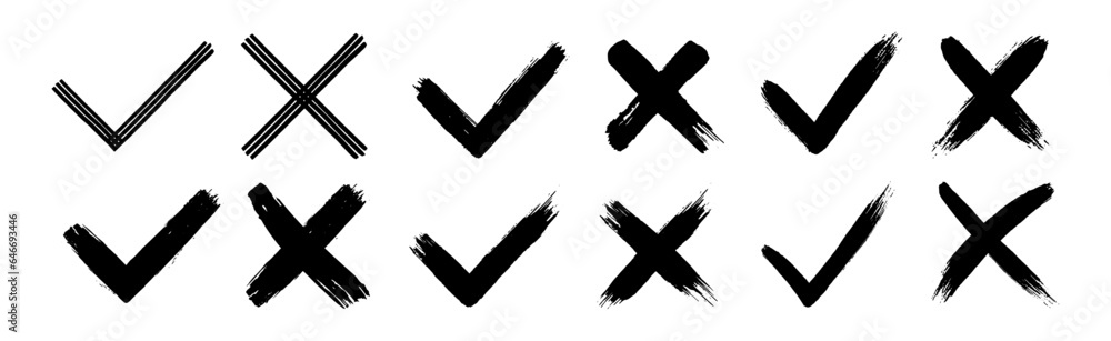 Poster dirty grunge hand drawn with brush strokes cross x and tick ok check marks v vector illustration set