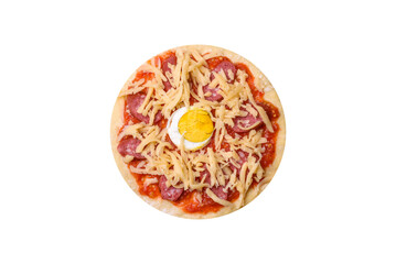 Homemade pizza with sausages, tomatoes, cheese, spices and herbs on a wooden cutting board