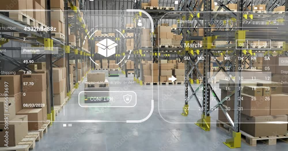 Aufkleber animation of screens with data processing over warehouse
