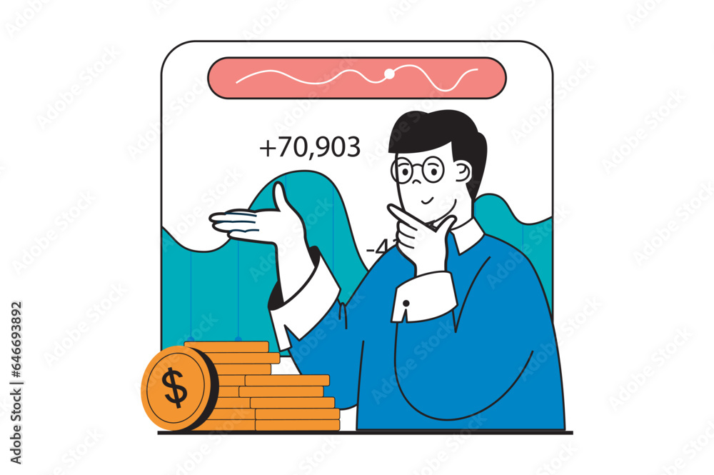 Poster stock trading concept with people scene in flat web design. man monitoring financial data chart at b