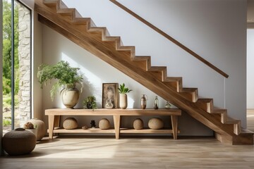 cozy scandinavian entrance hall with staircase and light natural materials