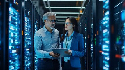 Female System Administrator and Male IT Specialist talk, Use Laptop in Cloud Computing Server Farm.