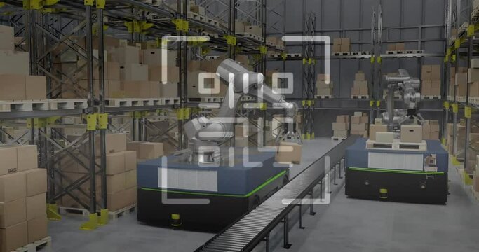 Animation of qr code and data processing over warehouse