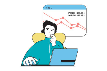 Stock trading concept with people scene in flat web design. Man analyzing stock market data, working with graphs and charts at laptop. Vector illustration for social media banner, marketing material.