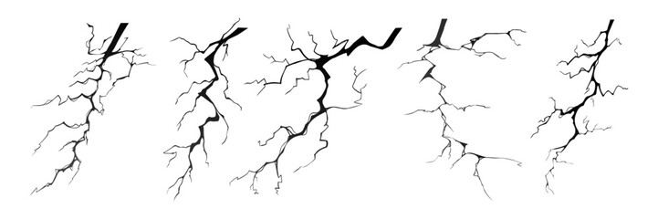 Lightning strike bolt silhouettes vector illustration set. Black thunderbolts and zippers are natural phenomena isolated on a white background. Thunderstorm electric effect of light and shining flash.