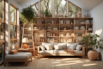 cozy scandinavian library with light natural materials
