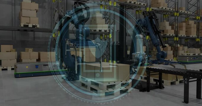 Animation of shield and data processing over warehouse