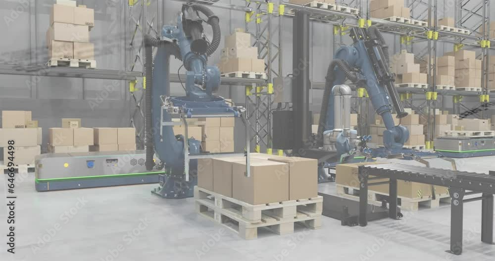 Poster animation of statistics and financial data processing over warehouse