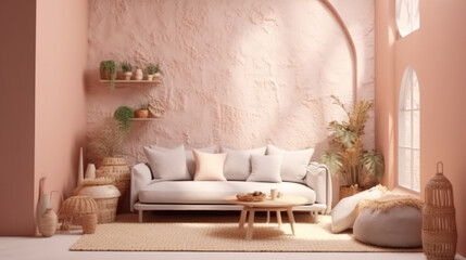 Bohemian Interior Design Style living room in pastel colors mock-up with frame for...