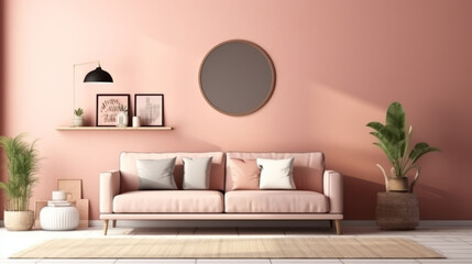 Bohemian Interior Design Style living room in pastel colors mock-up with frame for picture.generative ai