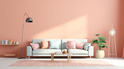 Bohemian Interior Design Style living room in pastel colors mock-up with frame for picture.generative ai